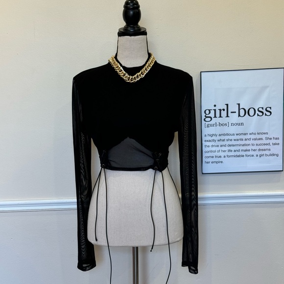 Long sleeve, mesh crop top with tie detail. Black colour. - Picture 2 of 2